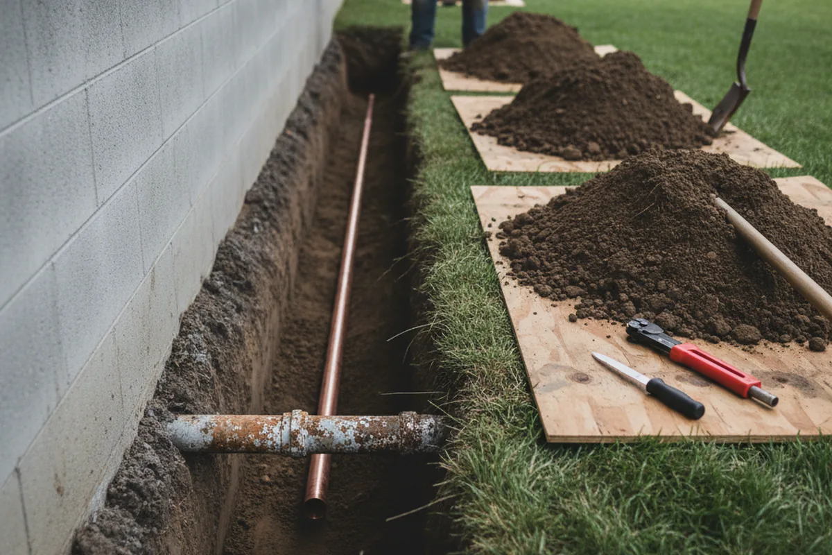 Excavated water line trench during Water Softener Installation in Bellmore